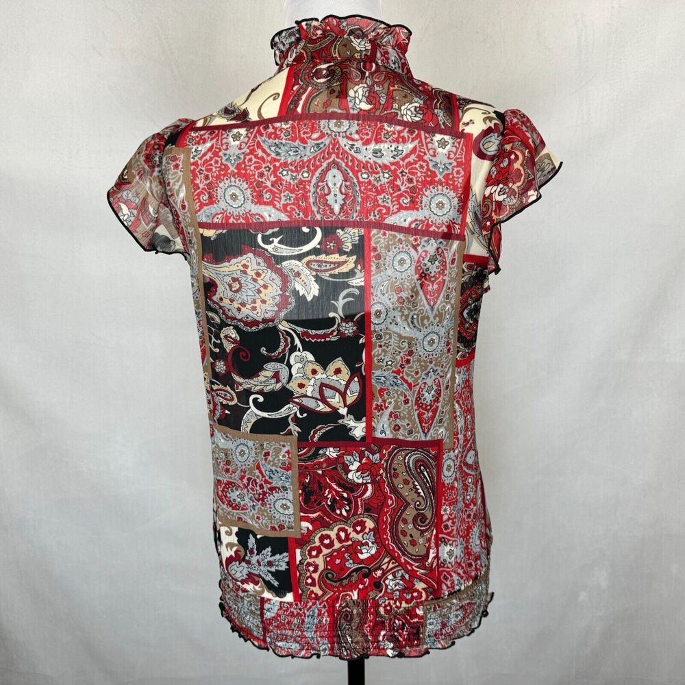 Iz Byer Blouse Sz M Black Multicolor Split Buttoned Neck Short Sleeve with Cami - Picture 2 of 8